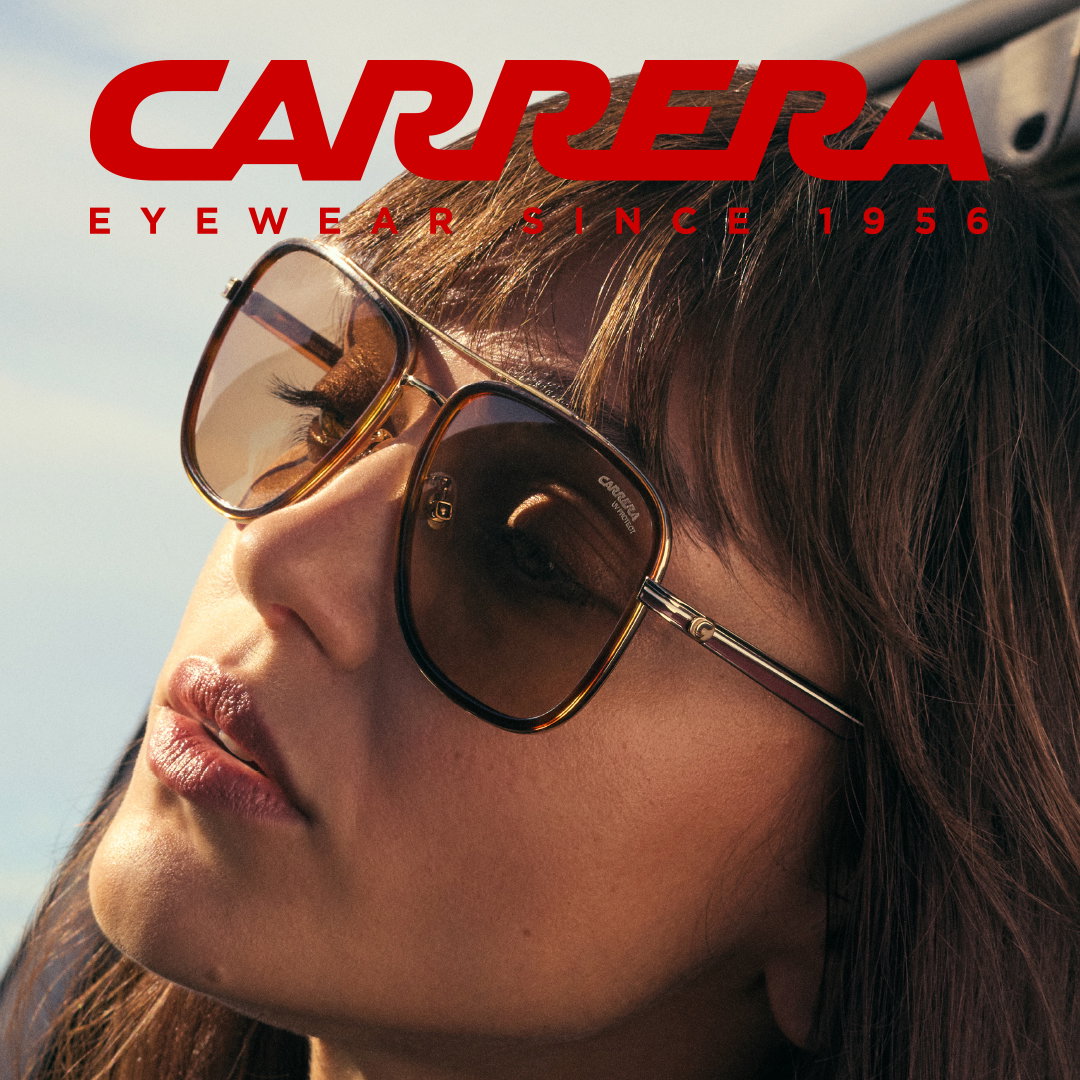 Das Bild zeigt das Gesicht einer Frau mit Sonnenbrille. Darüber ist das Carrera Logo zu sehen.